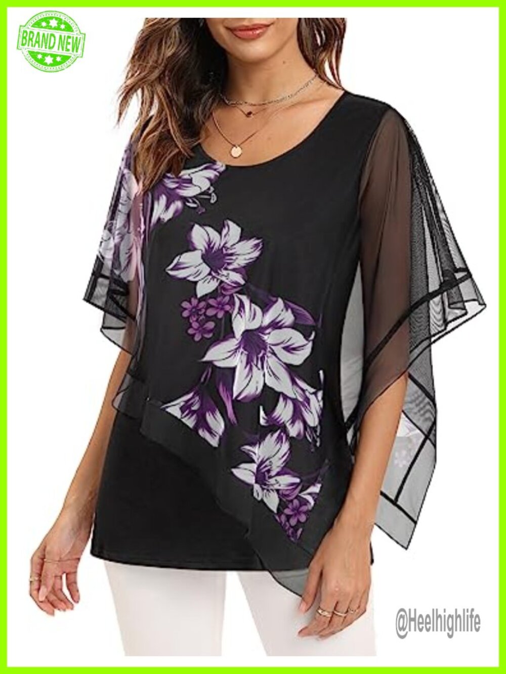 Flowy Chiffon Mesh Poncho Blouse Dressy Casual Boat Neck Loose Fit